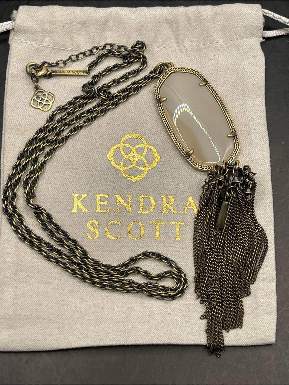 Kendra Scott Beige Agate Pendant Necklace with Antique Gold Tassel
